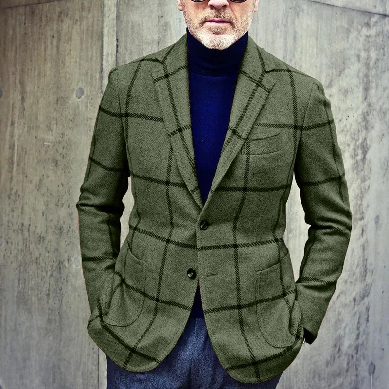 Мужской классический пиджак в европейскую и американскую клетку в стиле ретро с двумя пуговицами, модный деловой повседневный пиджак для вечеринок на каждый день - 3
