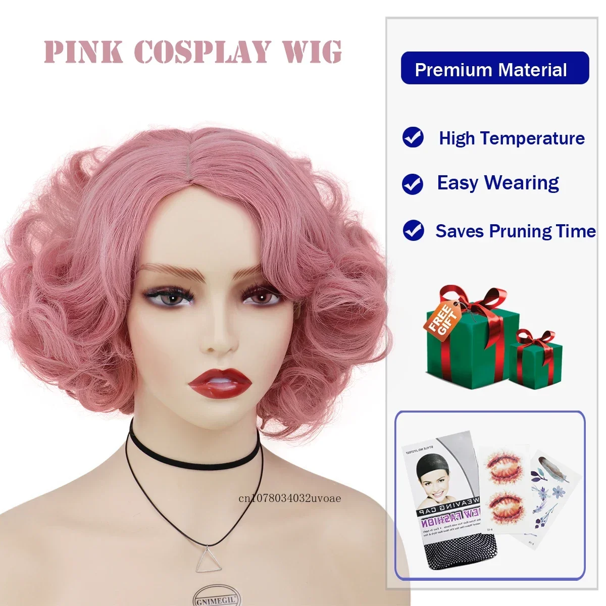 Синтетические розовые парики для косплея для женщин, короткие вьющиеся волосы, парик с боковой челкой, цветные пушистые локоны, парики для костюмов на Хэллоуин для девочек - 3