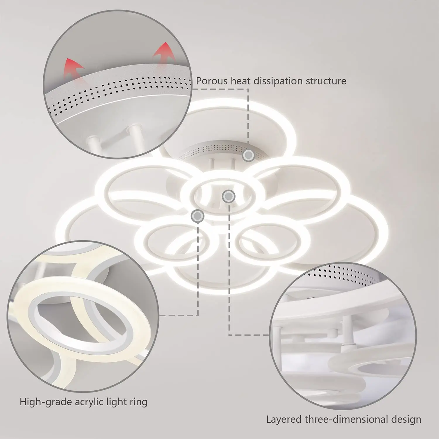 Светодиодный потолочный светильник Creative Ring Поддержка люстры с плавным затемнением Smart Remote Control Для ежедневных светильников в гостиной - 3
