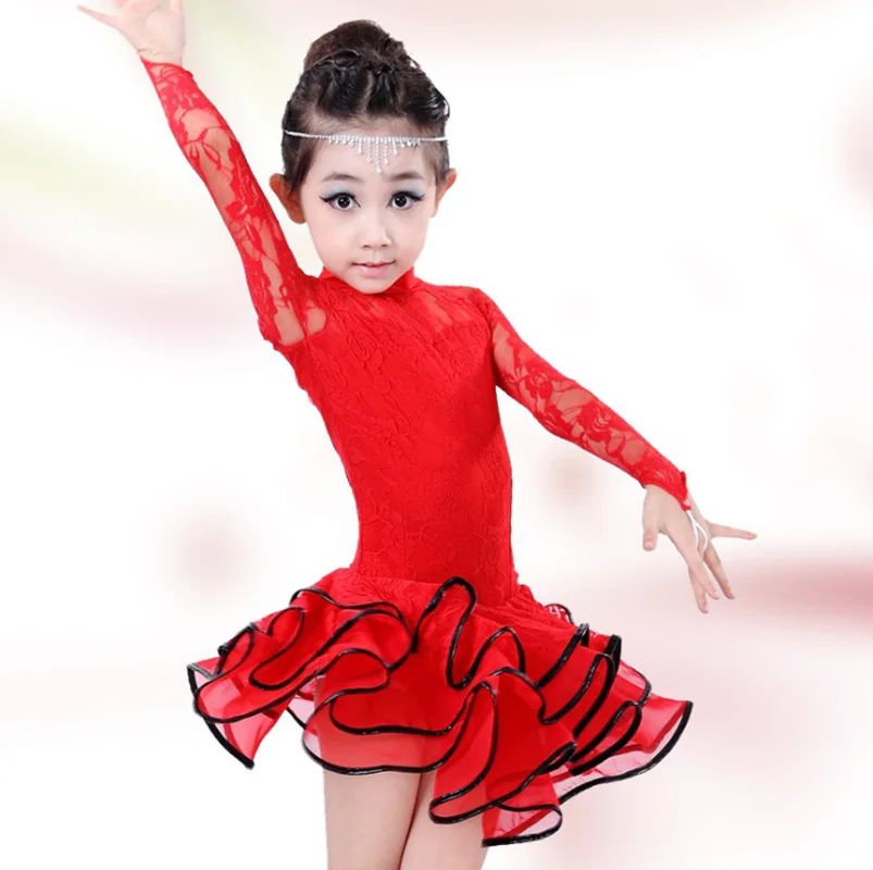 детское платье для Латиноамериканских Танцев с длинными рукавами, желтое, черное, красное Кружевное Платье с цветочным Рисунком, Юбка Для девочек, Vestido De Baile Latino, Детские Танцевальные Костюмы - 3