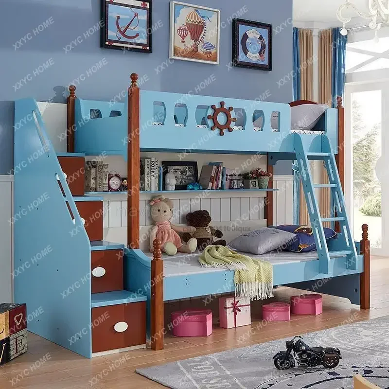 Современная маленькая квартира в скандинавском стиле, детская двухслойная кровать с выдвижными ящиками, раскладная комбинированная детская деревянная двухъярусная кровать для мальчиков - 3