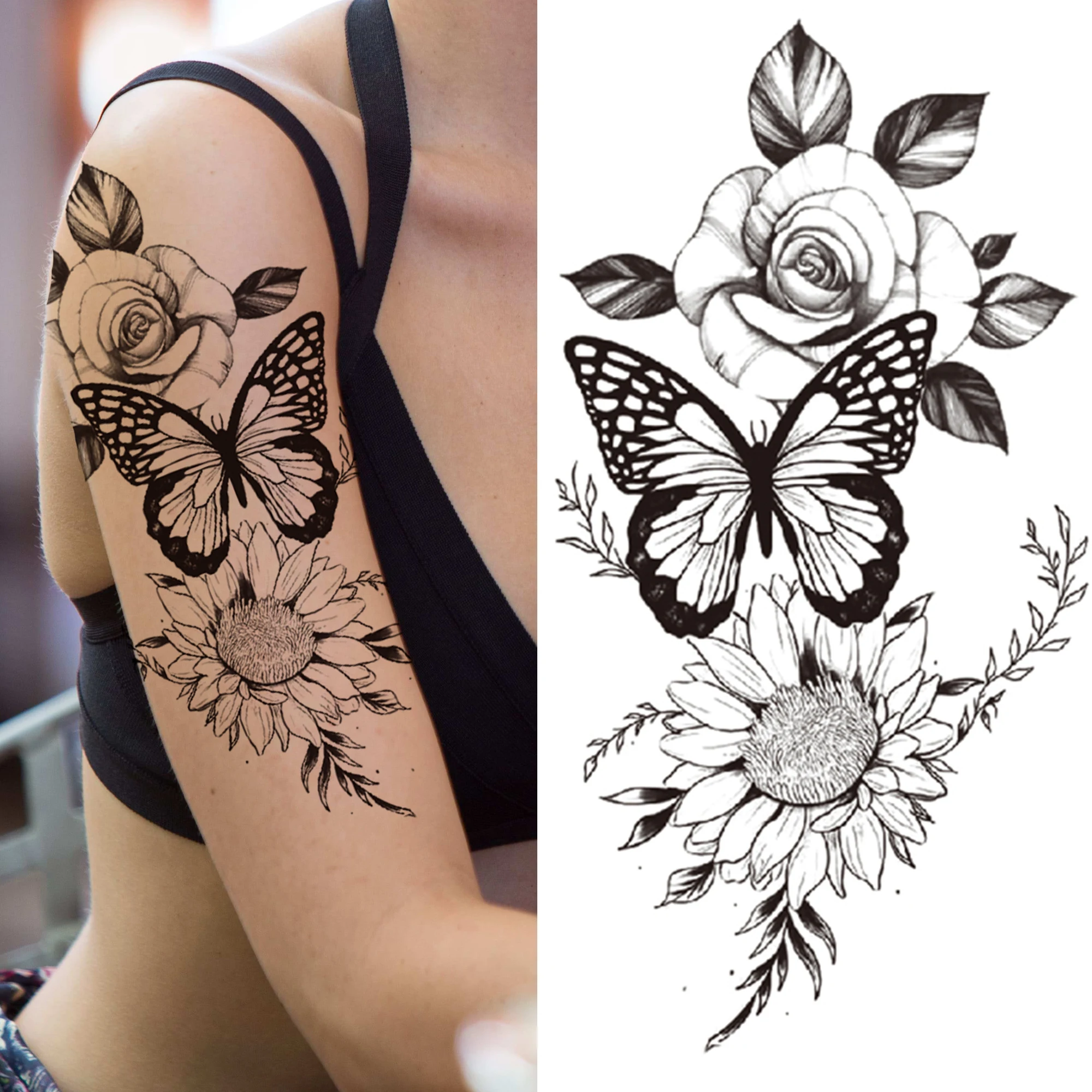Временные татуировки с акварельным Лотосом Для женщин, мужчин, Ловец снов, Бабочка, поддельная татуировка, Наклейка с цветком Розы, татуировки на предплечье, груди - 4
