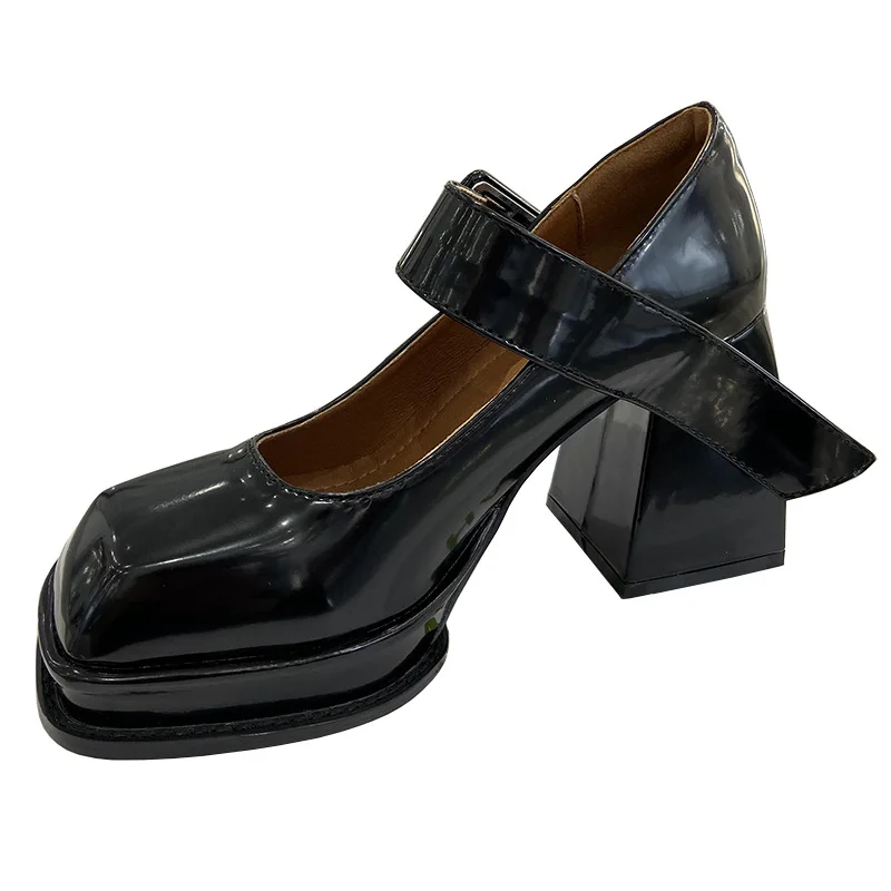 Черные дизайнерские туфли Мэри Джейнс на платформе в стиле панк, женские туфли-лодочки на высоком каблуке из лакированной кожи с квадратным носком в готическом стиле - 4