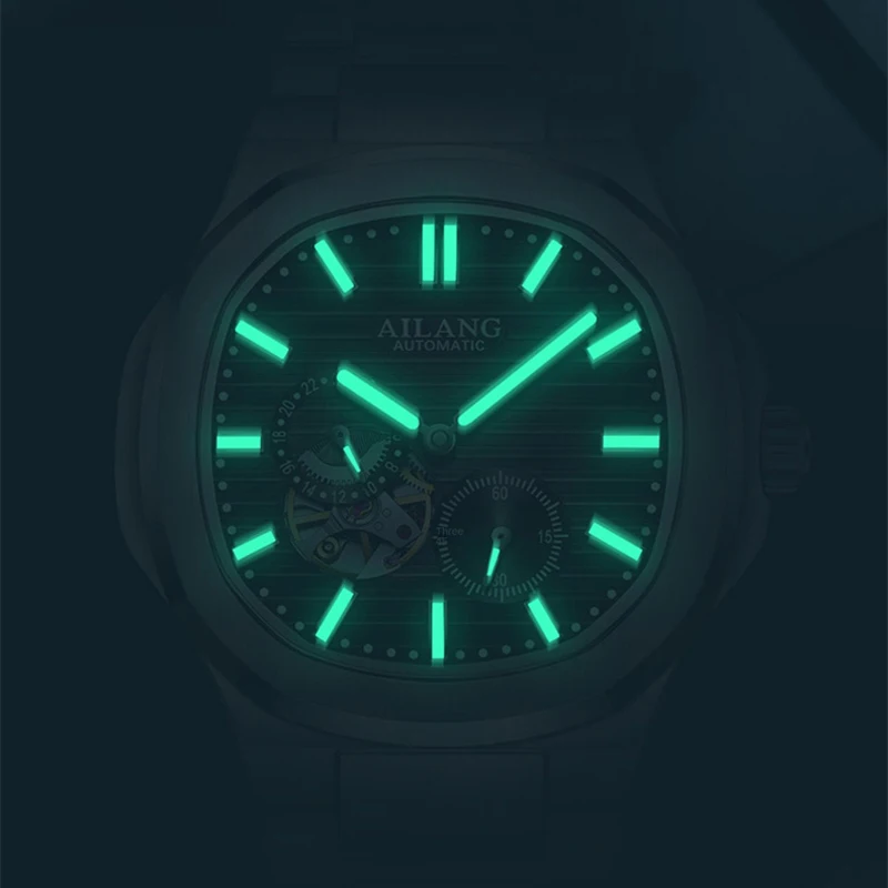 Мужские Спортивные часы AILANG, светящиеся, водонепроницаемые, 3ATM, автоматические механические Наручные часы из натуральной нержавеющей стали Relogio Masculino - 4