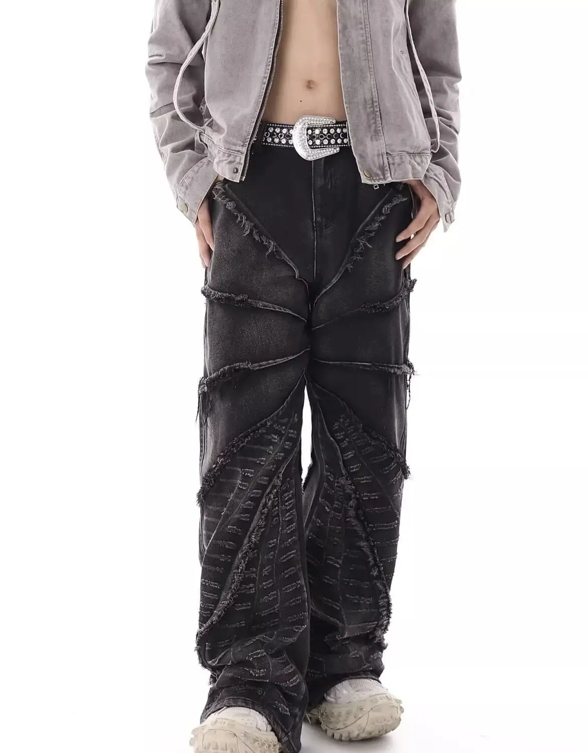 2023 Уличные джинсы-скинни с необработанным краем и высокой талией в стиле ретро, мужские Y2K, модные повседневные, Свободные, Универсальные, с потертостями, широкие, женские - 4