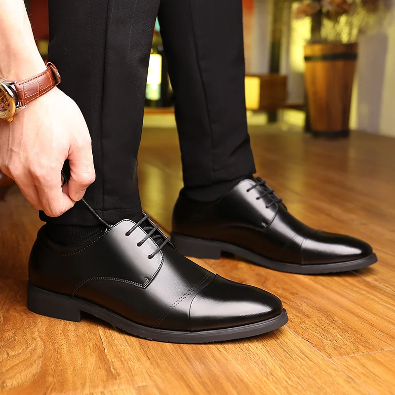 Мужские модельные туфли из коровьей спилка на квадратном каблуке со шнуровкой Four Seasons, увеличивающие рост, мужская деловая официальная одежда, обувь Hw75 - 4