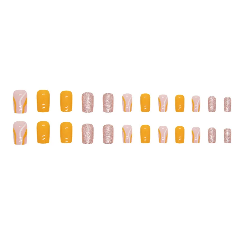 24шт Накладных ногтей для девочек, Французский Желтый Простой Волнистый Блестящий лак для ногтей, Короткий Усилитель накладных ногтей, Оптовая продажа Летних Дизайнерских ногтей - 4