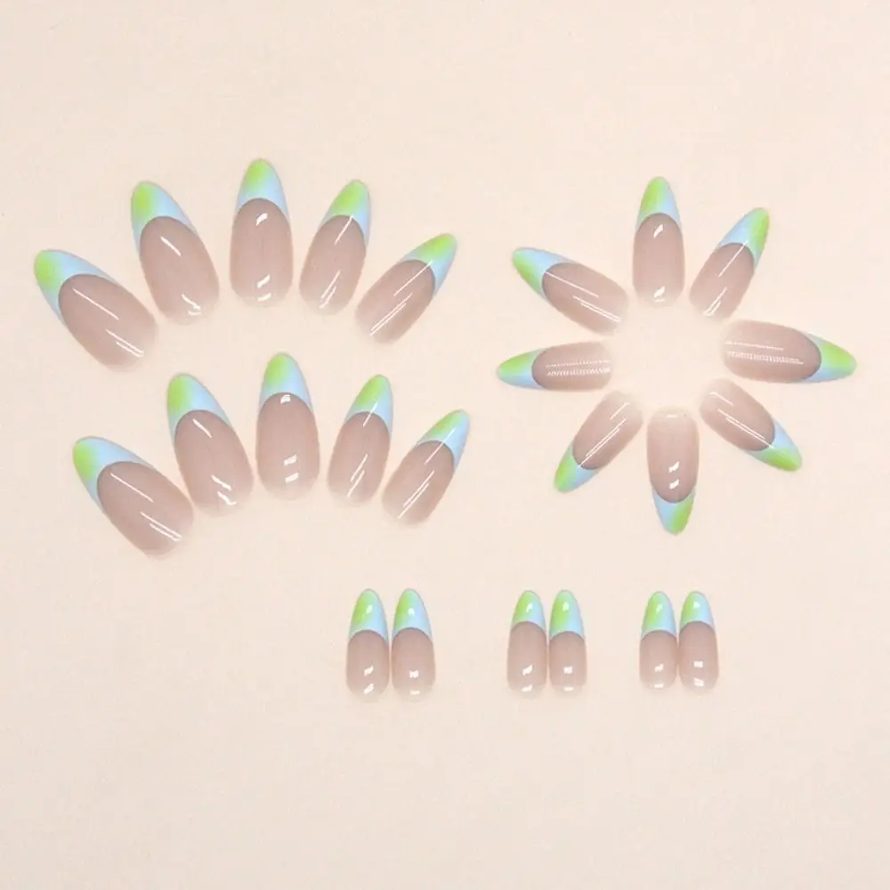Длинные накладные ногти, новые миндалевидные накладные ногти с полным покрытием, Зеленый французский край, съемные типсы для ногтей своими руками - 4