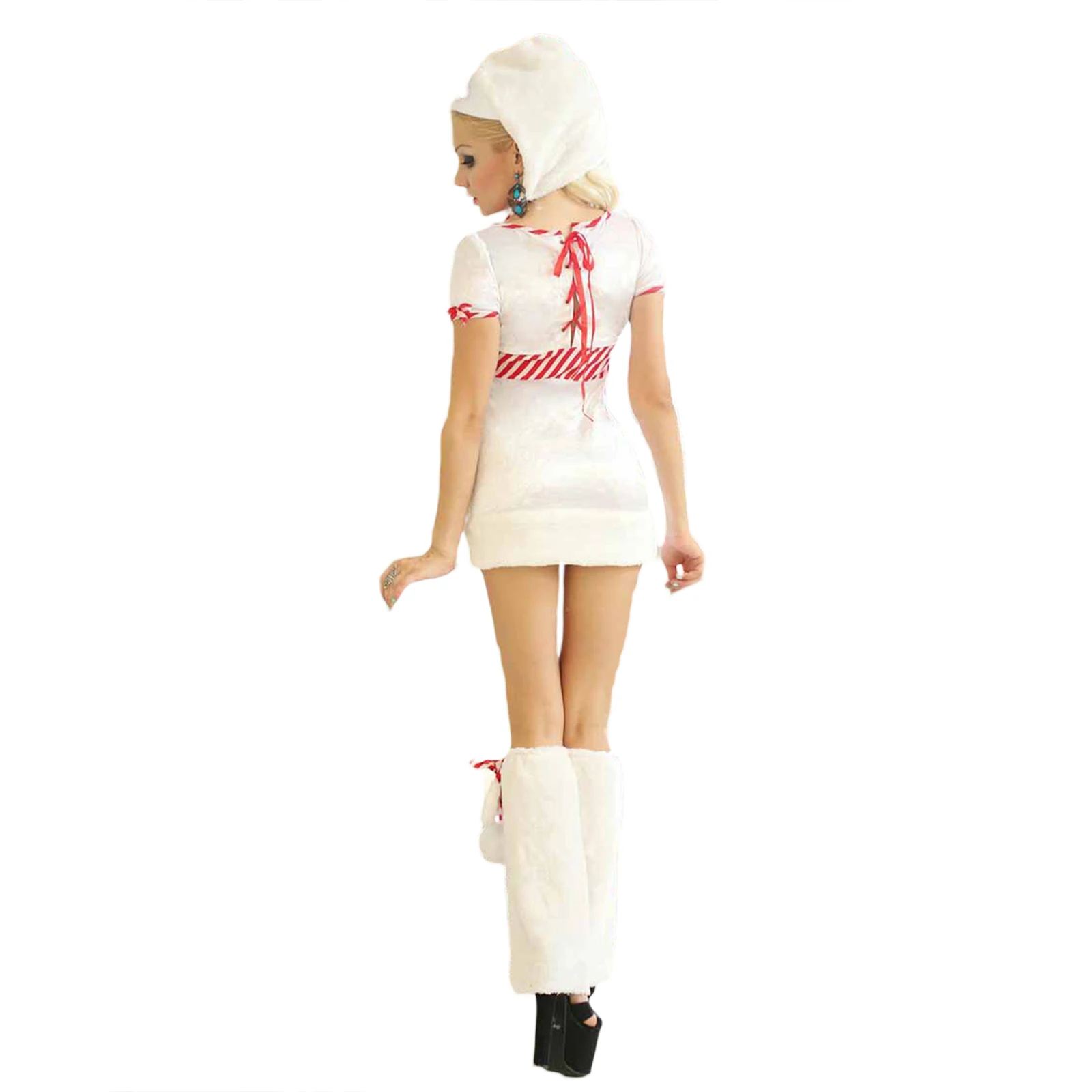 Женский костюм снеговика в полоску с коротким рукавом, платье снеговика со шляпой, гетры, Рождественский наряд для косплея - 4