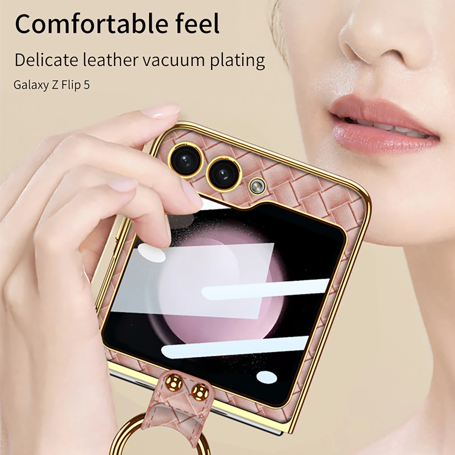 Легкий роскошный тканый кожаный чехол для Samsung Galaxy Z Flip 5, кольцо с гальваническим покрытием, кронштейн, защитный рукав от падения - 4