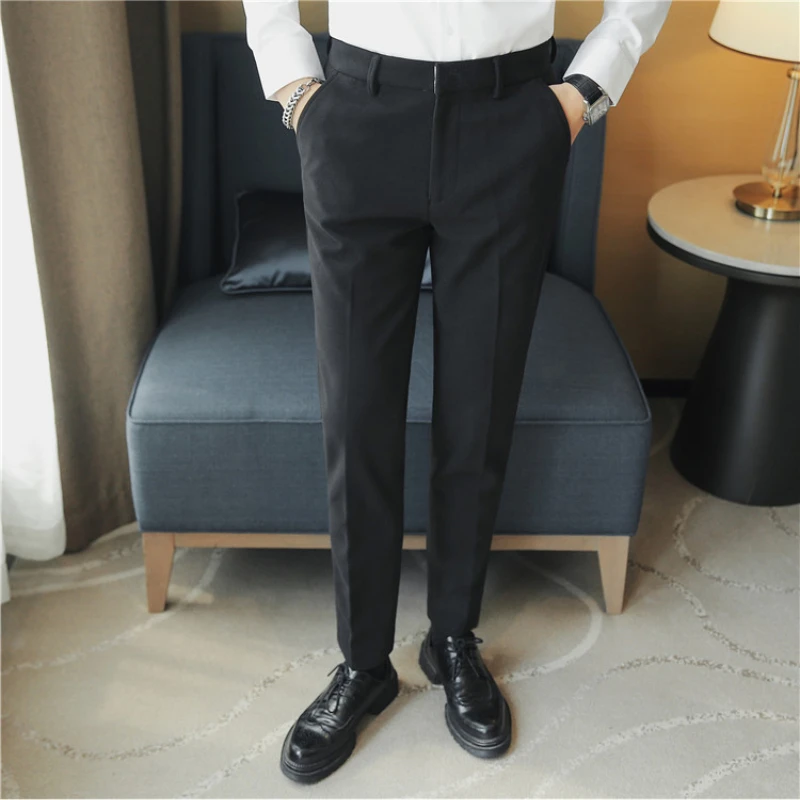 Зимние Деловые брюки с вышивкой, Мужские Однотонные Шерстяные Костюмные брюки, Повседневные Облегающие Офисные Социальные брюки, Костюм Homme - 4