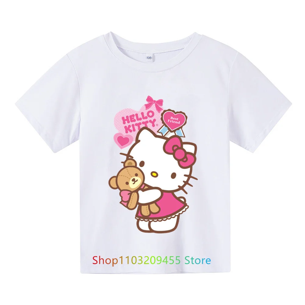 Футболка Hello Kitty, детская одежда для мальчиков и девочек, одежда для девочек, топы с короткими рукавами, спортивная мода с короткими рукавами для детей от 3 до 14 лет - 4