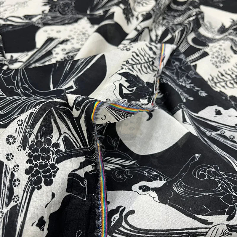 Модный черно-белый абстрактный цветочный принт Тонкая хлопчатобумажная ткань для женского платья блузки ручной работы - 4