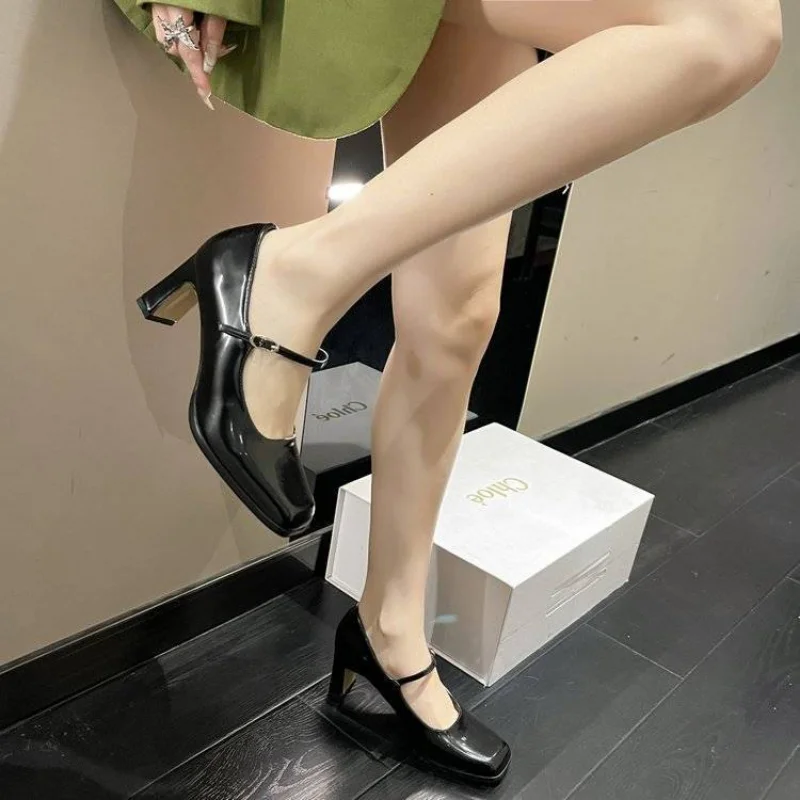 Женская обувь 2023 года, Летняя женская обувь на каблуке, готические туфли-лодочки, Японский стиль, Лолита Мэри Джейн, квадратный носок, высокие каблуки, Черный A - 4