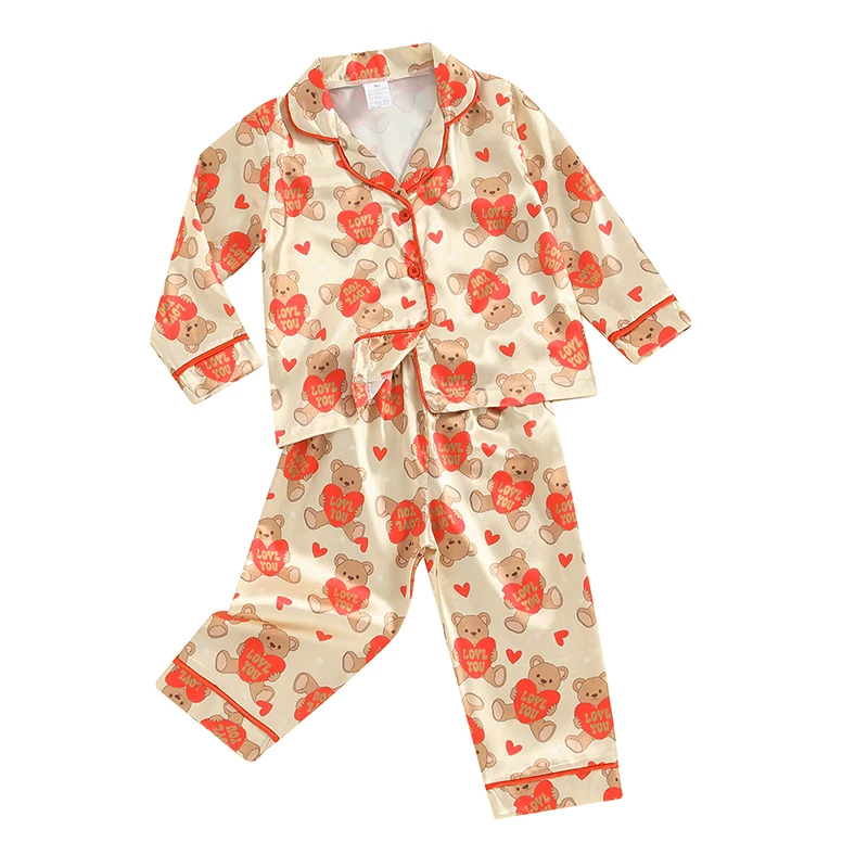 Весенне-осенние пижамные комплекты для девочек, рубашка с длинными рукавами и отворотом на пуговицах, брюки с принтом медведя в виде сердца, пижамы - 4
