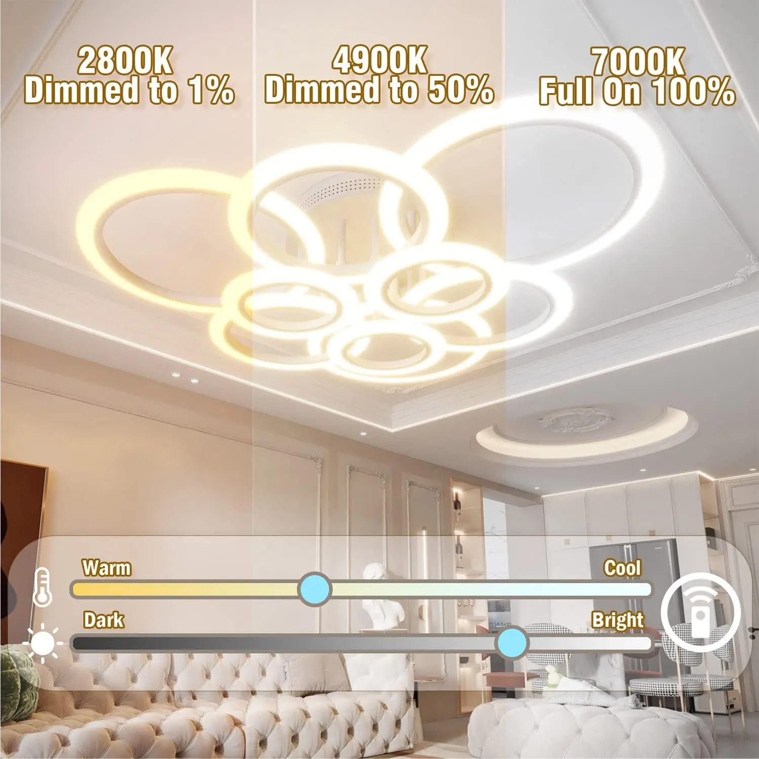 Светодиодный потолочный светильник Creative Ring Поддержка люстры с плавным затемнением Smart Remote Control Для ежедневных светильников в гостиной - 4