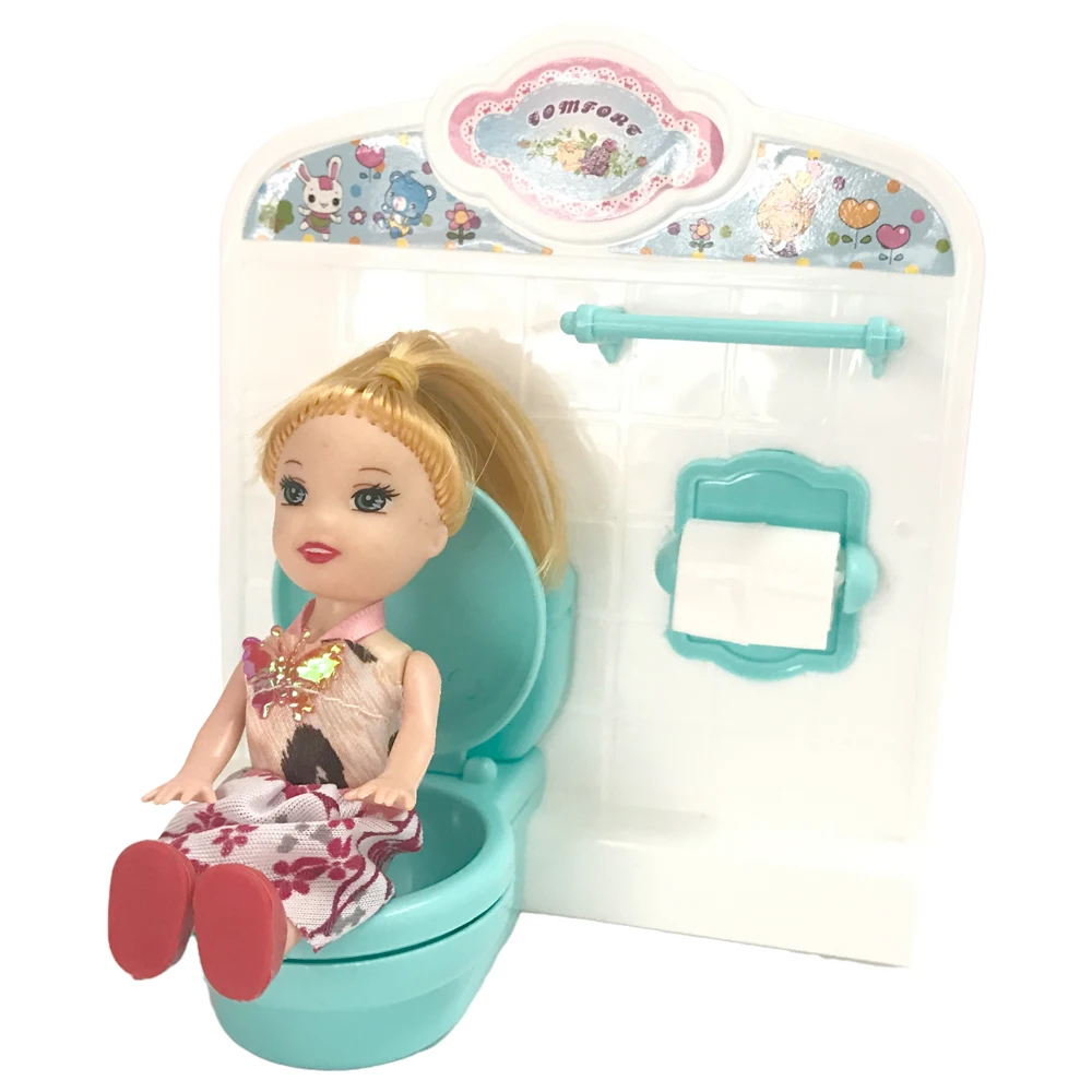1 комплект мини-мебели Kelly для ванной комнаты, зелено-белый Туалет, кукольный домик, миниатюрные игрушки для куклы Барби, аксессуары для куклы - 4