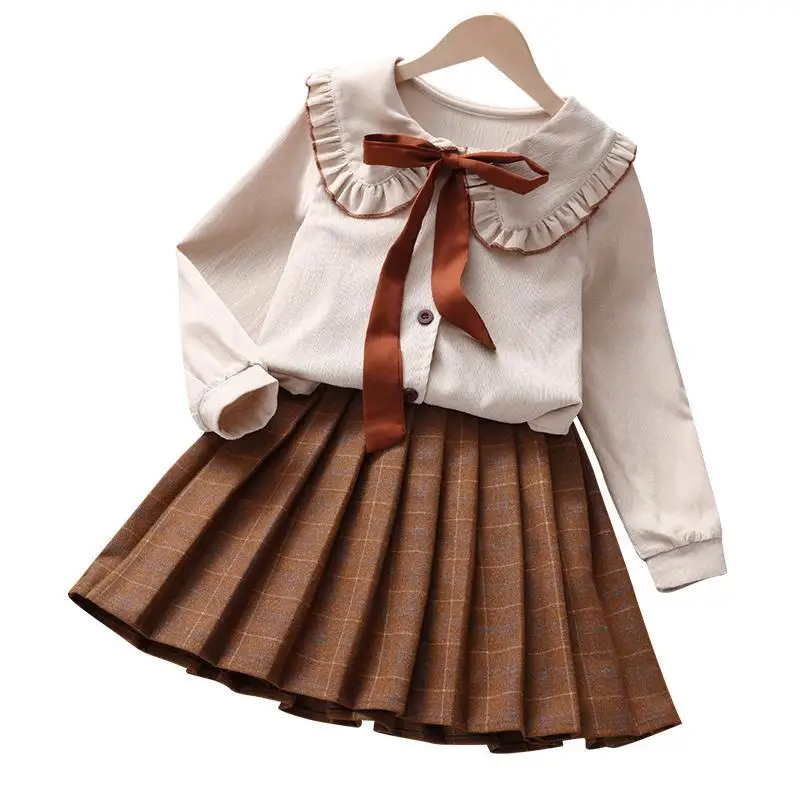 Новая весенне-осенняя детская короткая юбка среднего размера для девочек, рубашка, плиссированная юбка, комплект из двух предметов в академическом стиле - 4