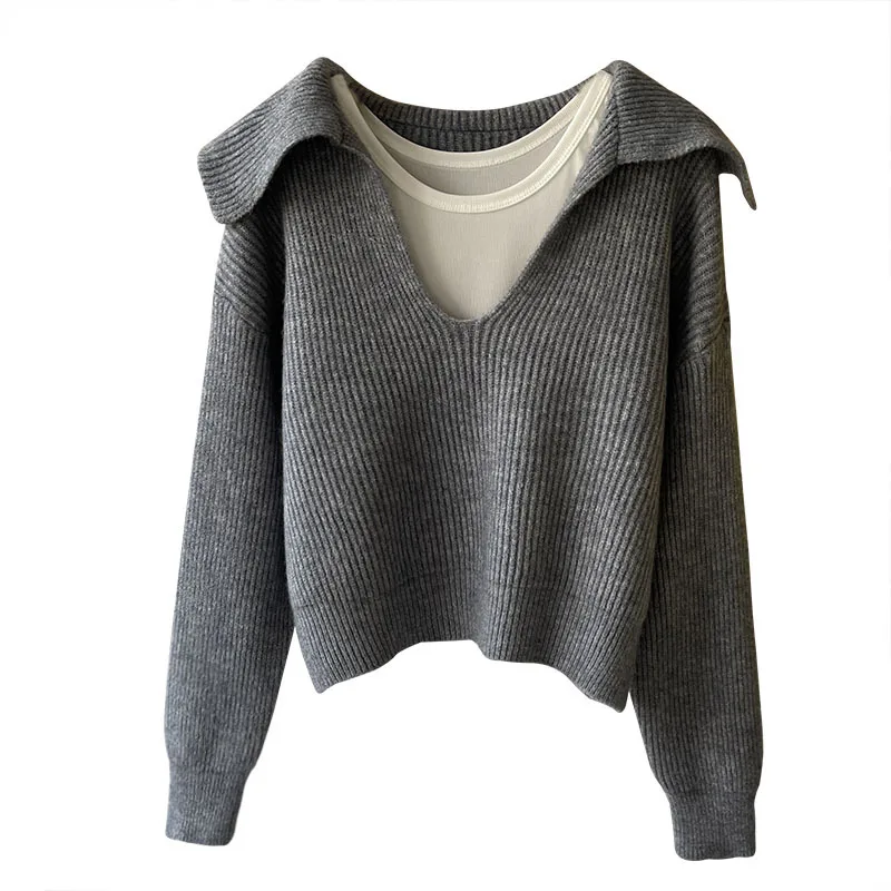 2023 Женские осенние свитера и пуловеры из двух частей, вязаные женские пуловеры с длинным рукавом, женские джемперы, женские топы - 5