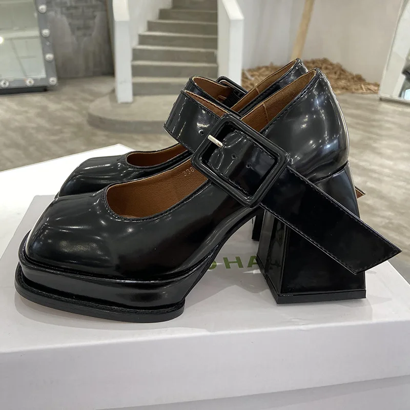 Черные дизайнерские туфли Мэри Джейнс на платформе в стиле панк, женские туфли-лодочки на высоком каблуке из лакированной кожи с квадратным носком в готическом стиле - 5