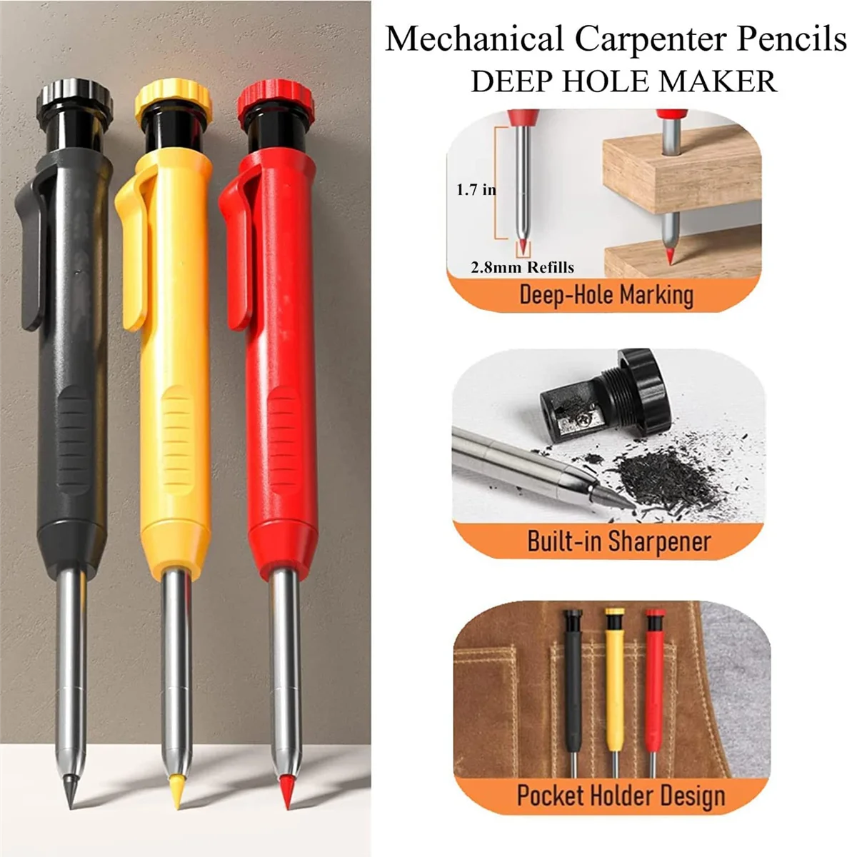 Набор механических плотницких карандашей с заправкой для маркеров, плотницкий твердосплавный инструмент для рисования, Деревообрабатывающие карандаши, маркерные инструменты - 5