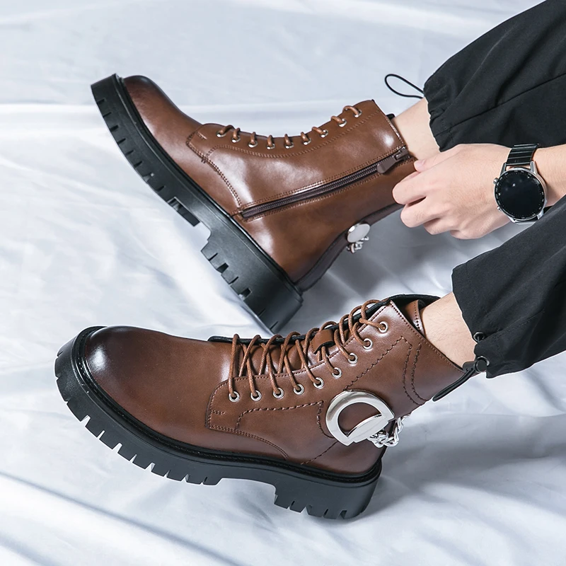 Новые Черные Мотоциклетные Ботинки для мужчин, Коричневые Короткие Ботинки на платформе со шнуровкой и круглым носком, Ботинки в западном стиле, Размер 38-45 - 5