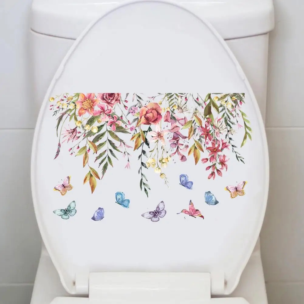 Наклейка для декора ванной комнаты, яркий цветок, бабочка, наклейка на туалет, долговечная наклейка из ПВХ для домашнего украшения ванной комнаты, уникальная - 5