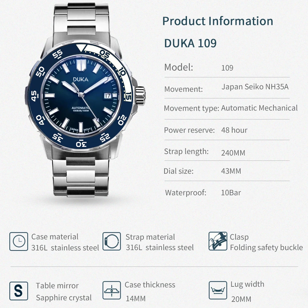 2023 Новые Мужские Механические наручные часы DUKA Роскошные Автоматические Часы Для Мужчин NH35 Из нержавеющей стали Водонепроницаемые Светящиеся часы man - 5