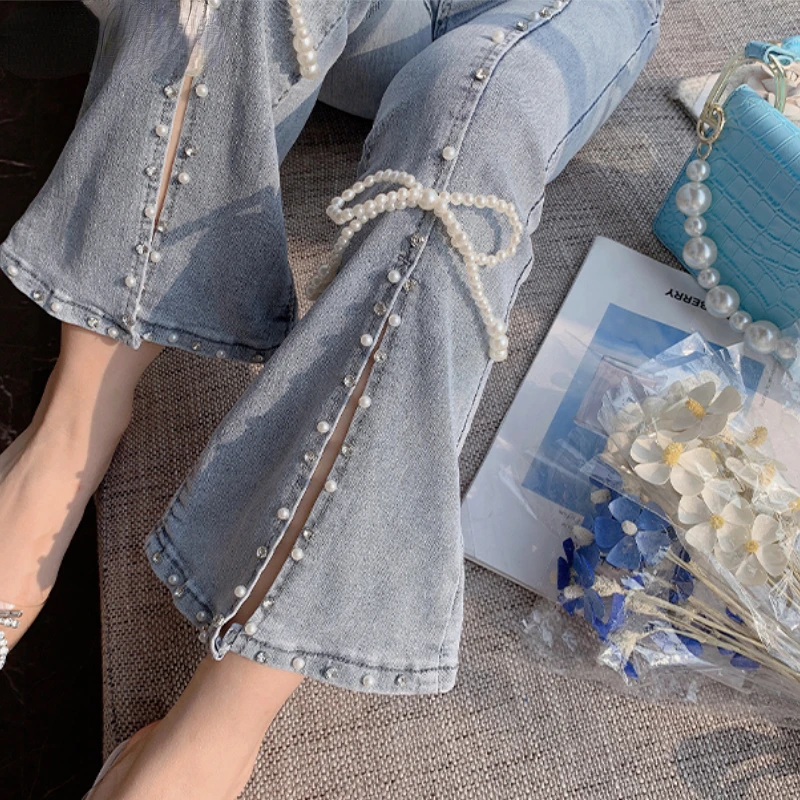 Весенне-осенние Милые джинсовые брюки с разрезом и высокой талией, женские Элегантные Шикарные брюки с бантом, украшенные бисером, для девочек, Винтажные джинсы Fairy Jeans - 5