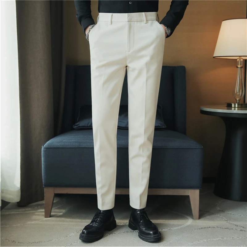 Зимние Деловые брюки с вышивкой, Мужские Однотонные Шерстяные Костюмные брюки, Повседневные Облегающие Офисные Социальные брюки, Костюм Homme - 5