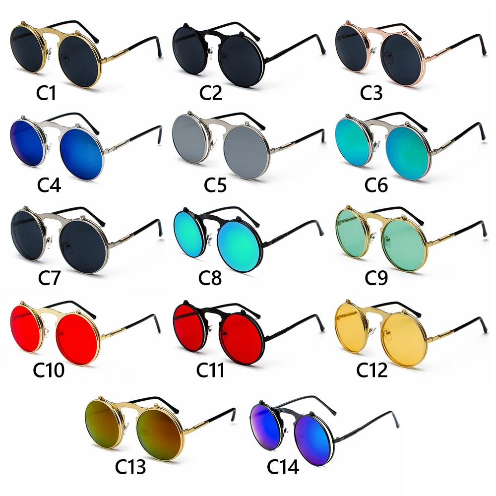 Мужские и женские круглые очки с защитой от ультрафиолета Солнцезащитные очки в стиле стимпанк Круглые солнцезащитные очки Солнцезащитные очки с откидной крышкой - 5