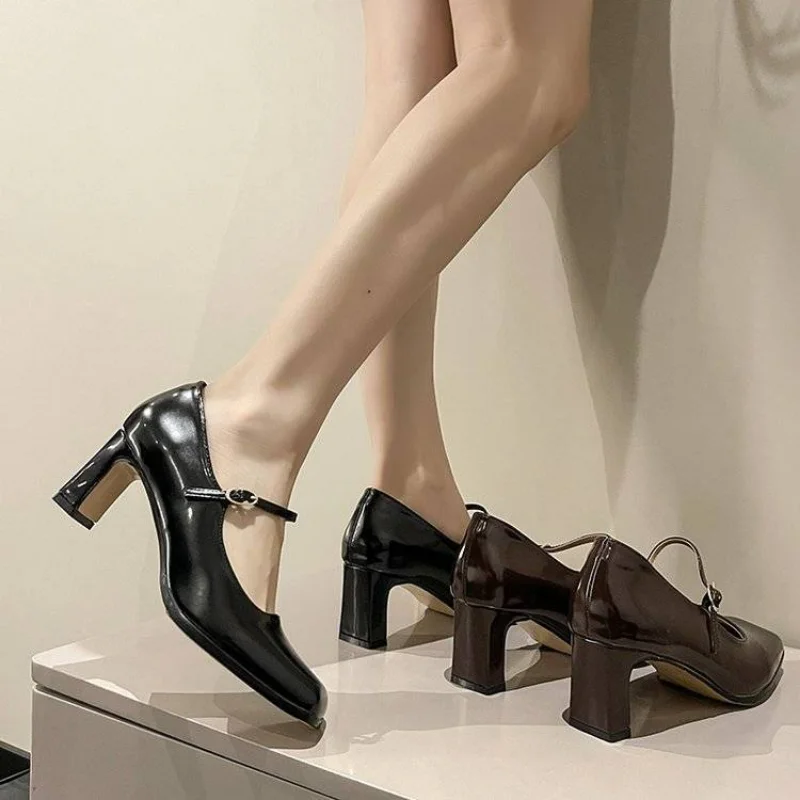 Женская обувь 2023 года, Летняя женская обувь на каблуке, готические туфли-лодочки, Японский стиль, Лолита Мэри Джейн, квадратный носок, высокие каблуки, Черный A - 5