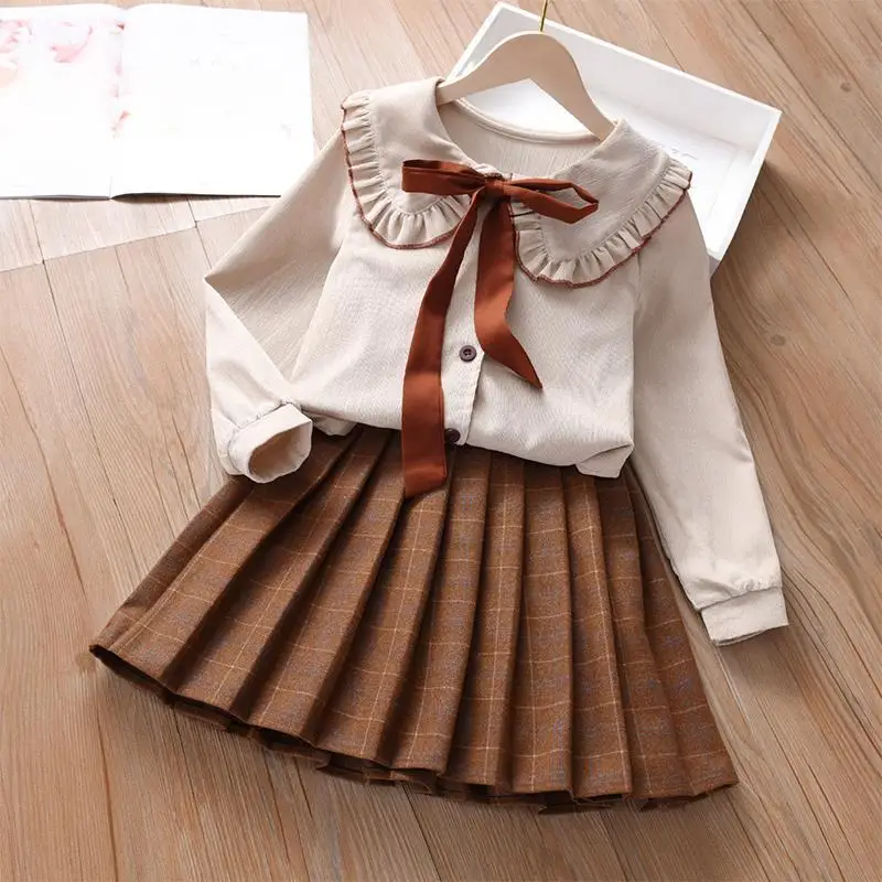 Новая весенне-осенняя детская короткая юбка среднего размера для девочек, рубашка, плиссированная юбка, комплект из двух предметов в академическом стиле - 5